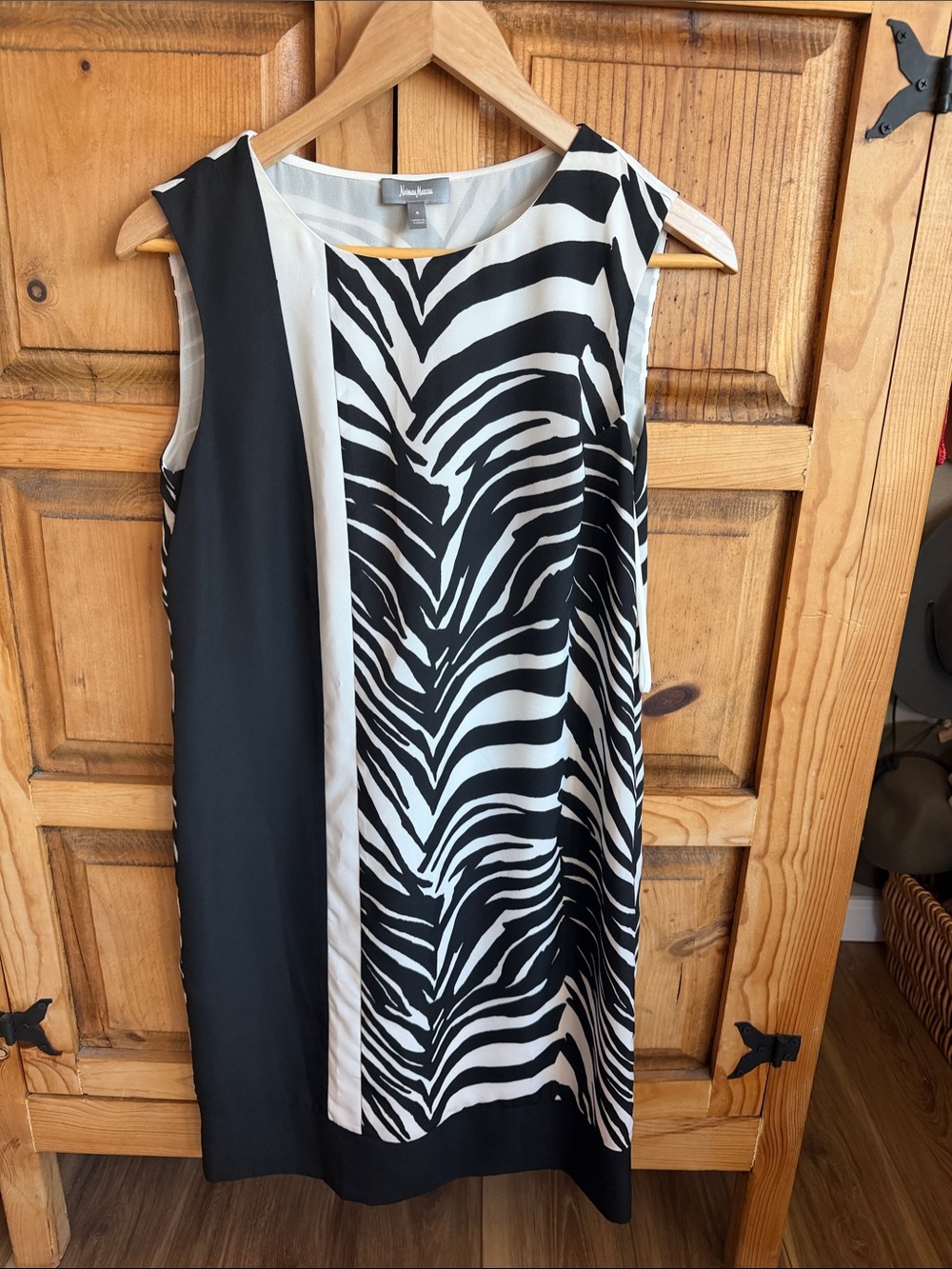 Neiman Marcus Black and White Zebra Print Panel Midi Dress